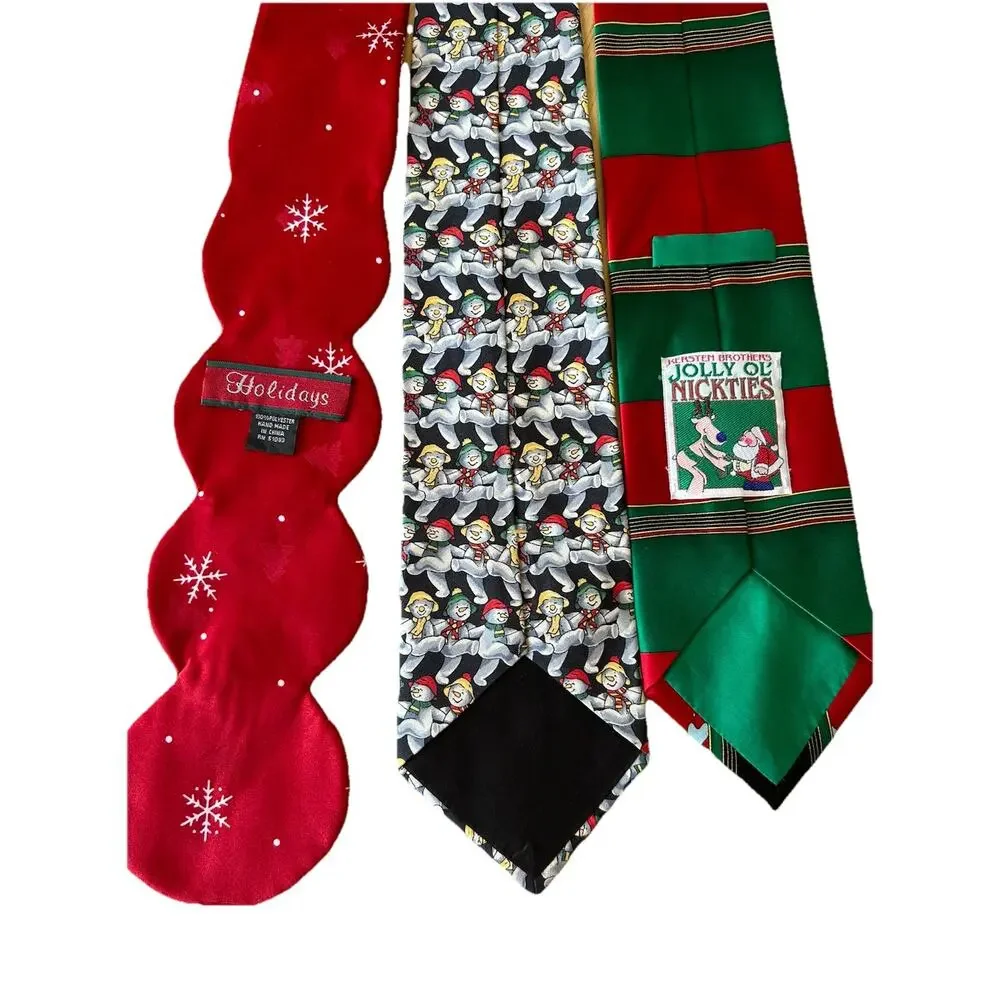 VTG Holiday Christmas Silk Ties Santa Snowmen Ornaments Red Green Necktie Lot 3